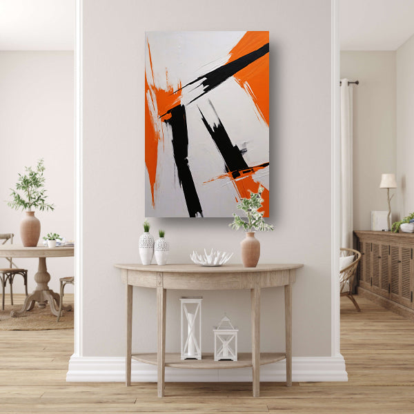 Dynamische abstractie in zwart, wit en oranje canvas