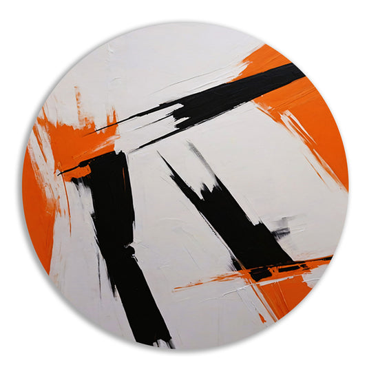 Dynamische abstractie in zwart, wit en oranje aluminium muurcirkel