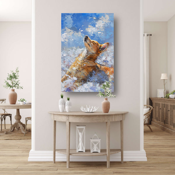 Hond genietend van de sneeuw en zon poster