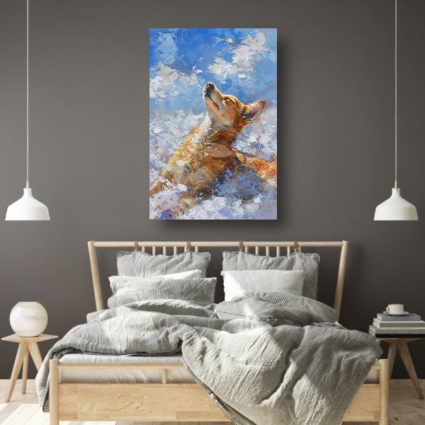 Hond genietend van de sneeuw en zon poster