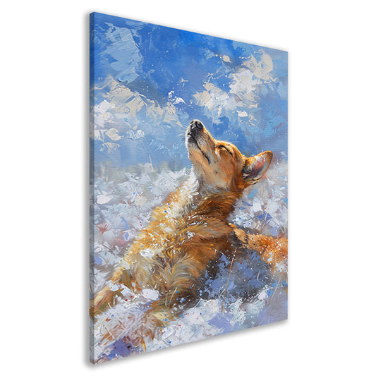Hond genietend van de sneeuw en zon canvas