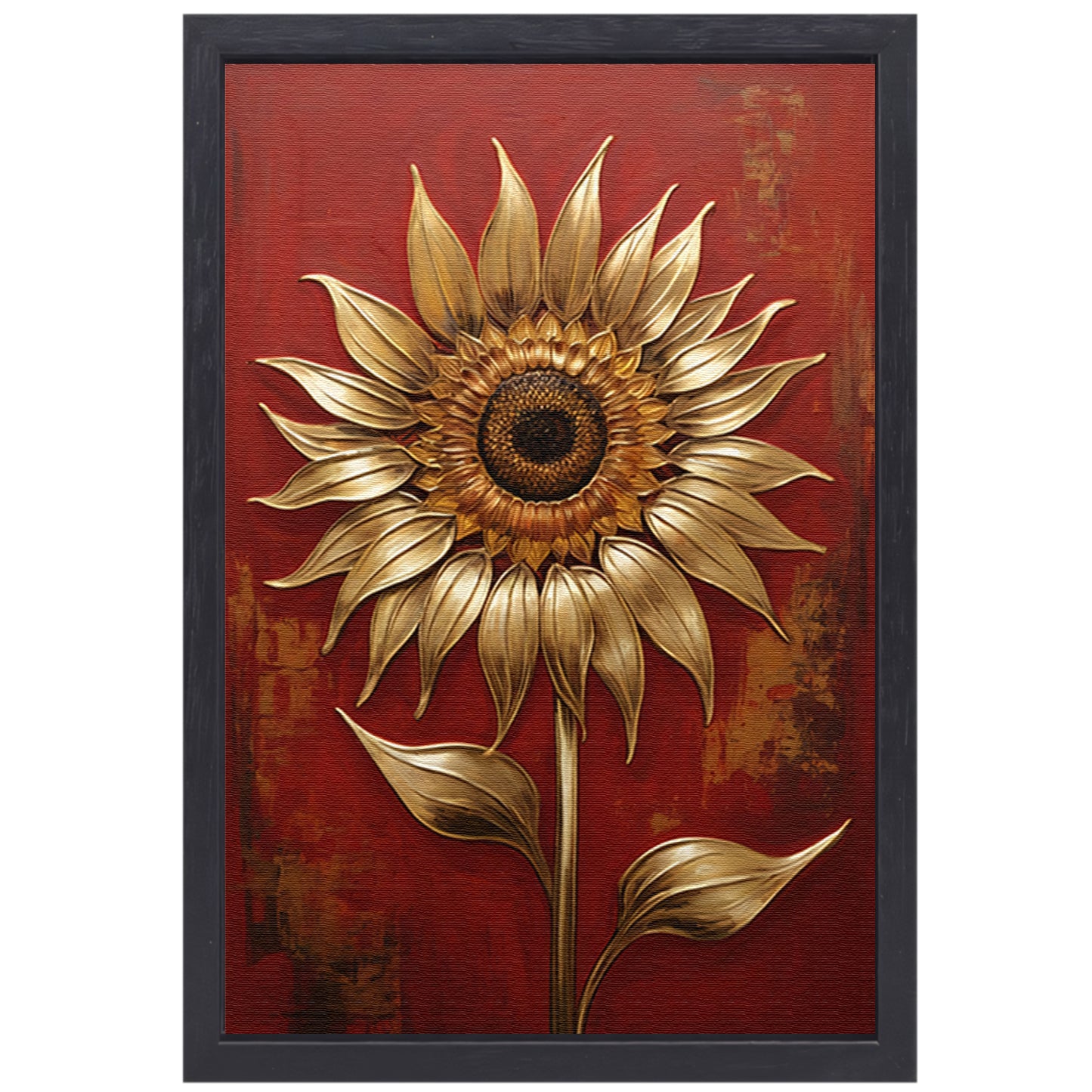 Gouden Zonnebloem op Dieprode Achtergrond canvas met baklijst