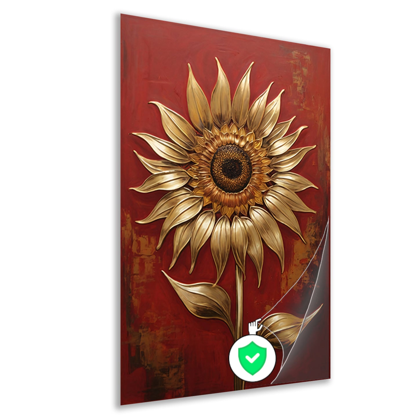 Gouden Zonnebloem op Dieprode Achtergrond poster