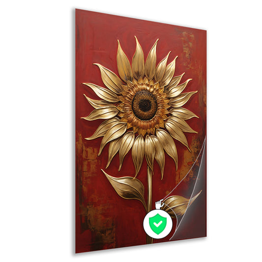Gouden Zonnebloem op Dieprode Achtergrond poster