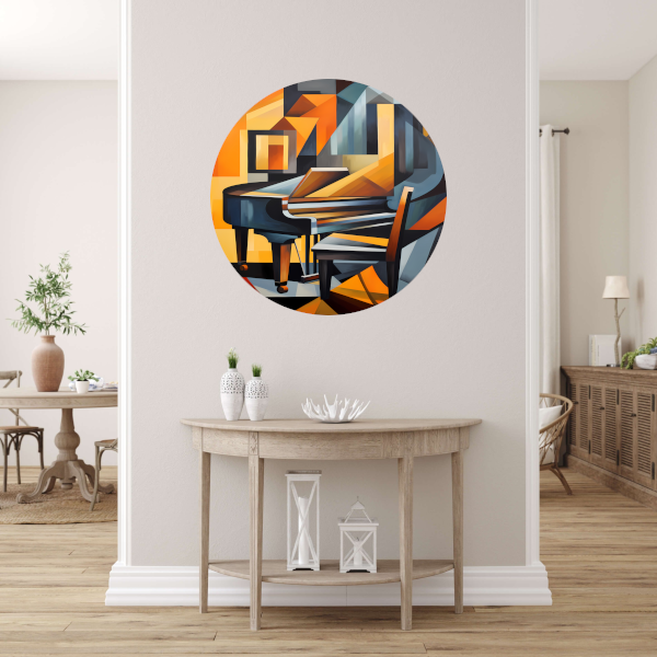 Abstracte Piano en Stoel in Kubisme aluminium muurcirkel