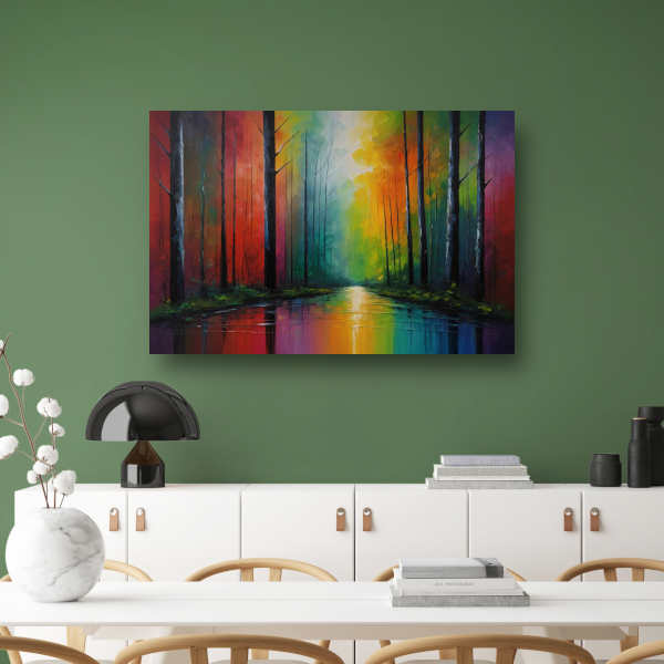 Impressionistische Reflectie van een Kleurrijk Bos poster