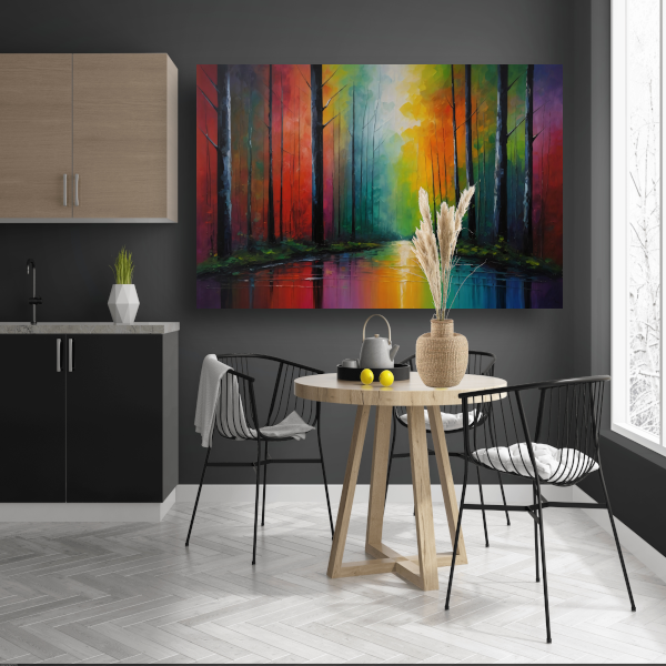 Impressionistische Reflectie van een Kleurrijk Bos poster