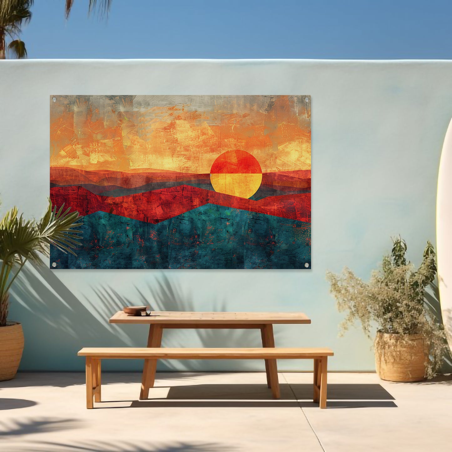 Kleurrijke digitale kunst van zonsondergang landschap tuinposter