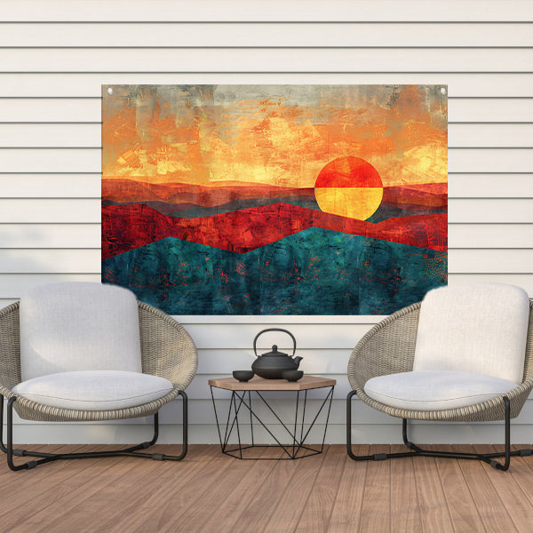 Kleurrijke digitale kunst van zonsondergang landschap tuinposter