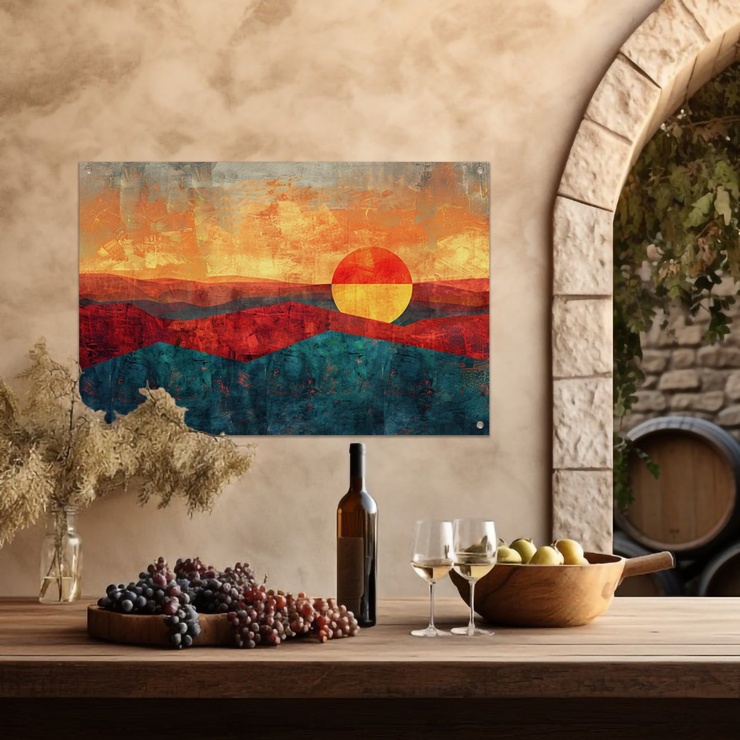 Kleurrijke digitale kunst van zonsondergang landschap tuinposter