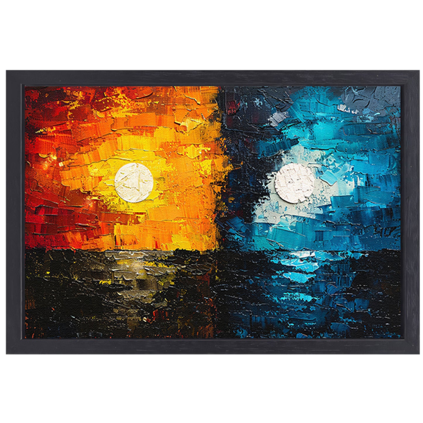 Abstract Contrast in Oranje en Blauw canvas met baklijst