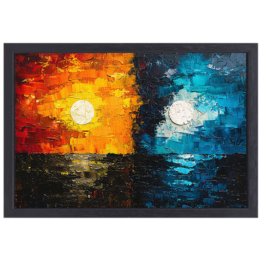 Abstract Contrast in Oranje en Blauw canvas met baklijst