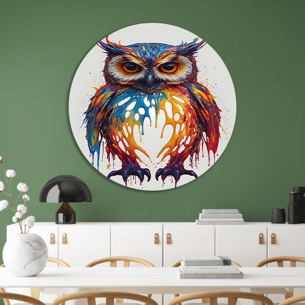 Levendige Kleurrijke Abstracte Uil Kunstwerk aluminium muurcirkel