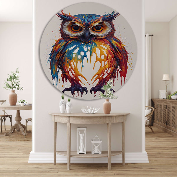 Levendige Kleurrijke Abstracte Uil Kunstwerk aluminium muurcirkel