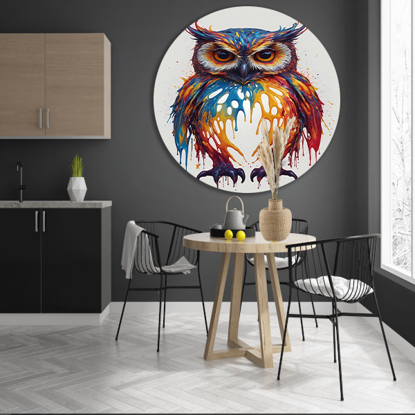 Levendige Kleurrijke Abstracte Uil Kunstwerk aluminium muurcirkel