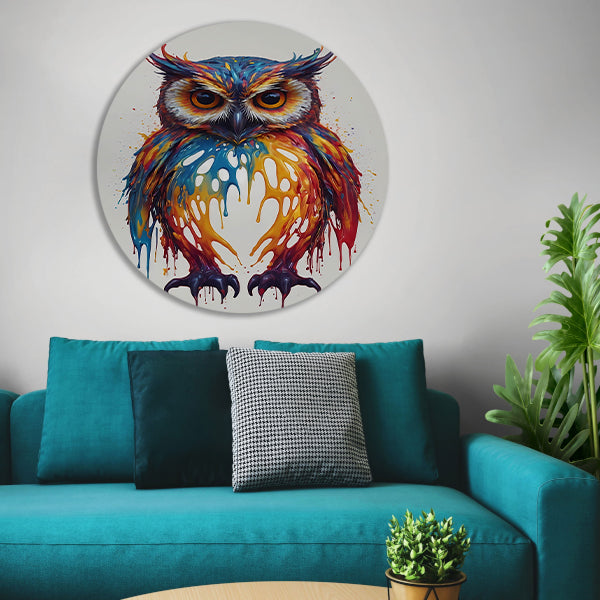 Levendige Kleurrijke Abstracte Uil Kunstwerk aluminium muurcirkel