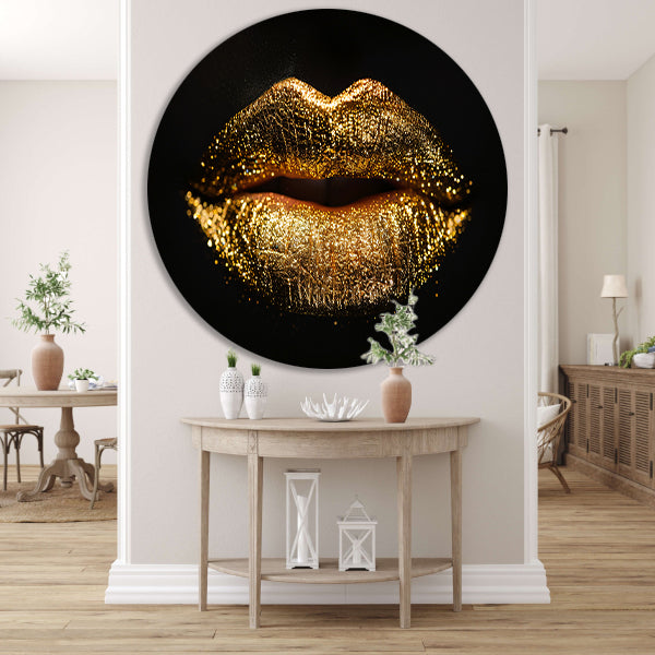 Dramatische Gouden Glitter Lippen Close-up aluminium muurcirkel