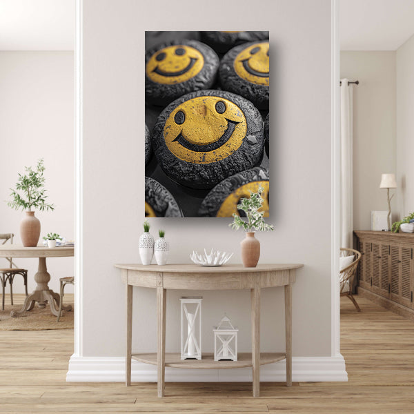 Close-up van gele smileys met waterdruppels poster