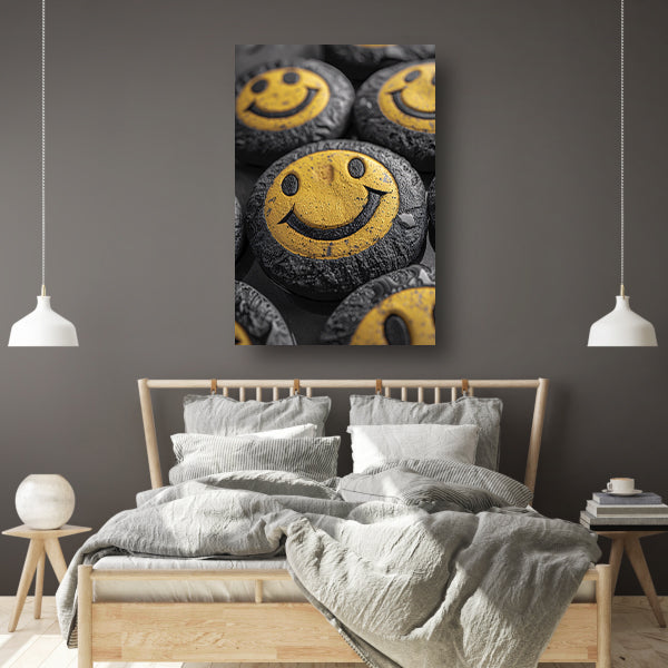 Close-up van gele smileys met waterdruppels poster