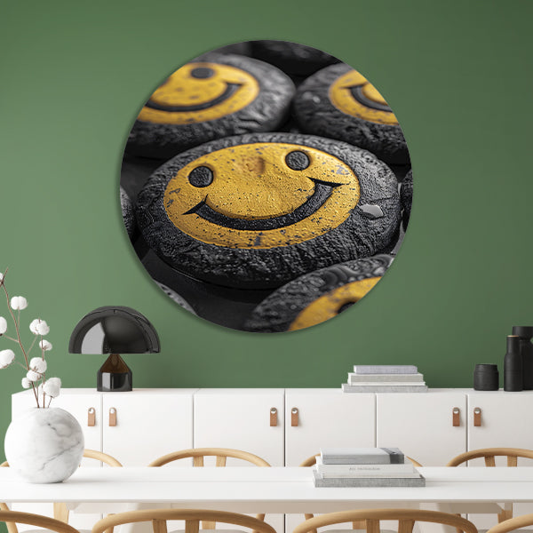 Close-up van gele smileys met waterdruppels aluminium muurcirkel