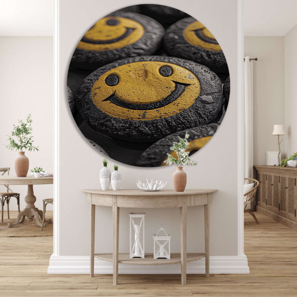 Close-up van gele smileys met waterdruppels aluminium muurcirkel