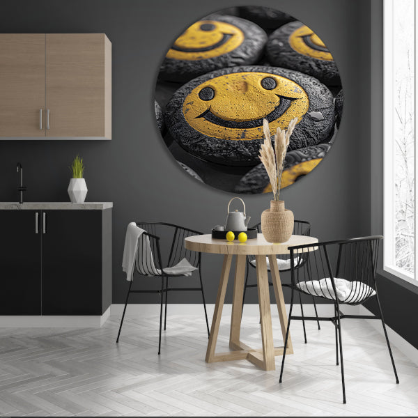 Close-up van gele smileys met waterdruppels aluminium muurcirkel