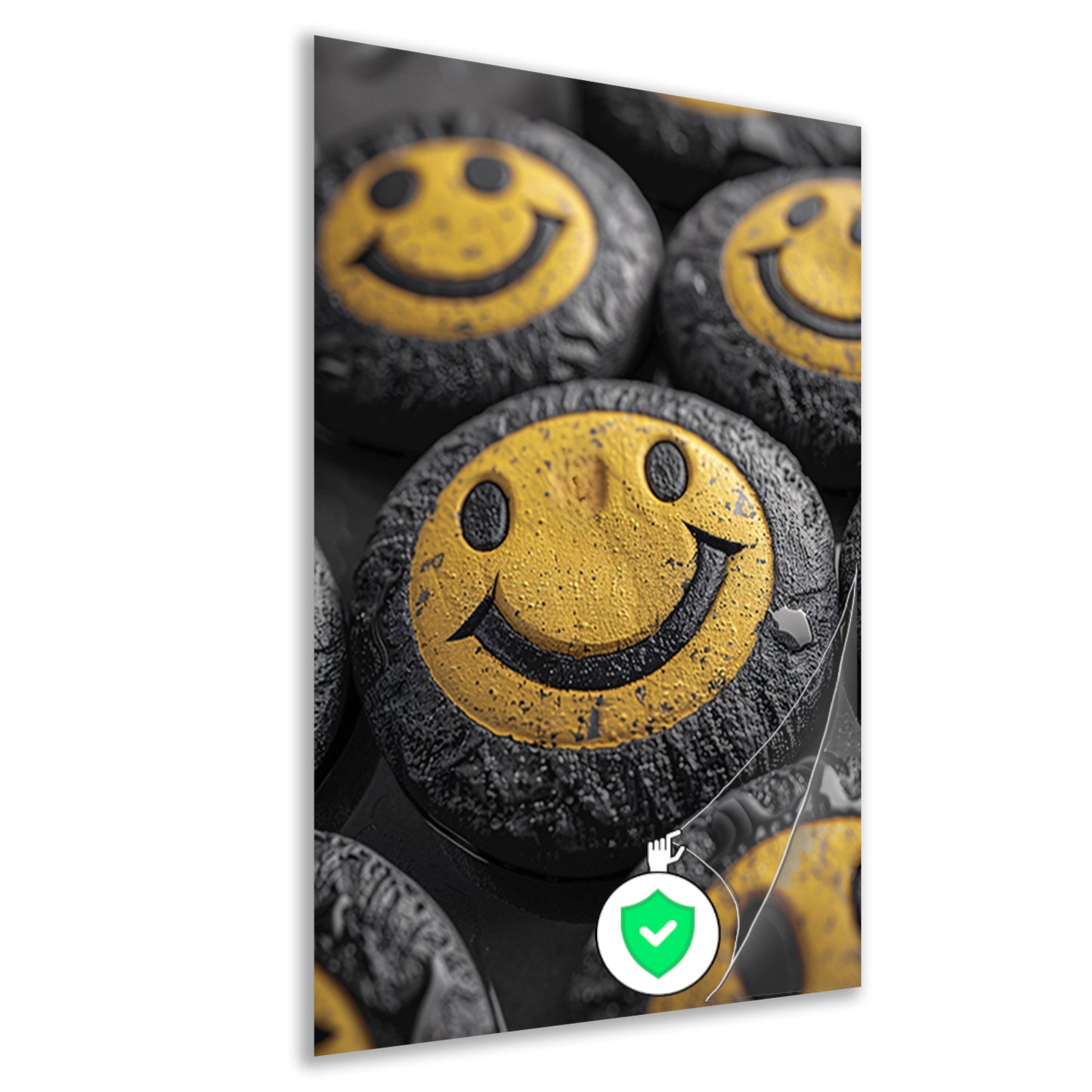 Close-up van gele smileys met waterdruppels poster