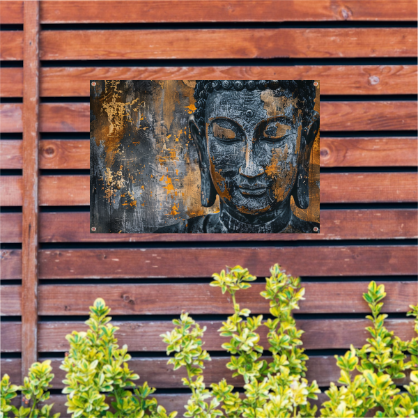 Mystieke Boeddha portret met abstracte texturen tuinposter