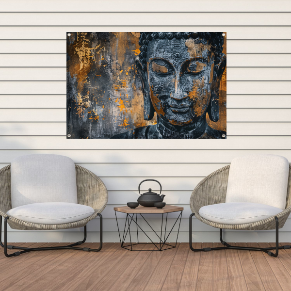 Mystieke Boeddha portret met abstracte texturen tuinposter
