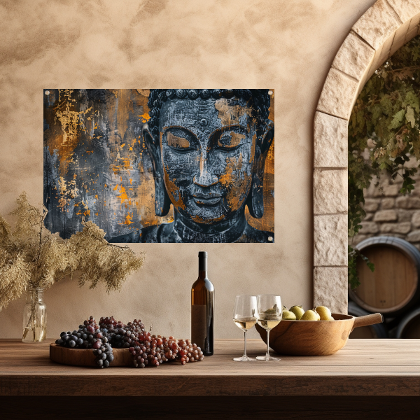 Mystieke Boeddha portret met abstracte texturen tuinposter