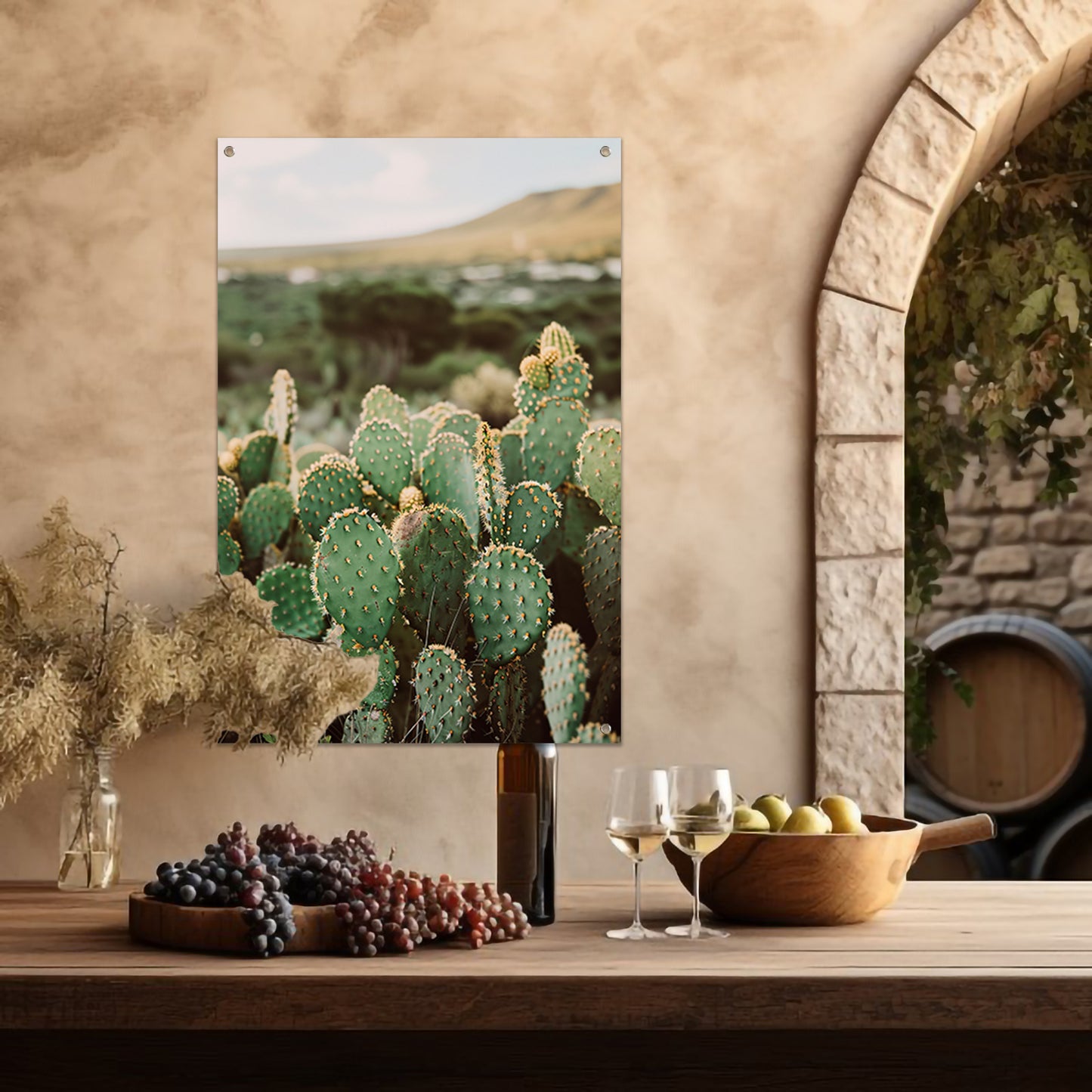 Levendige groene cactussen in weids landschap tuinposter