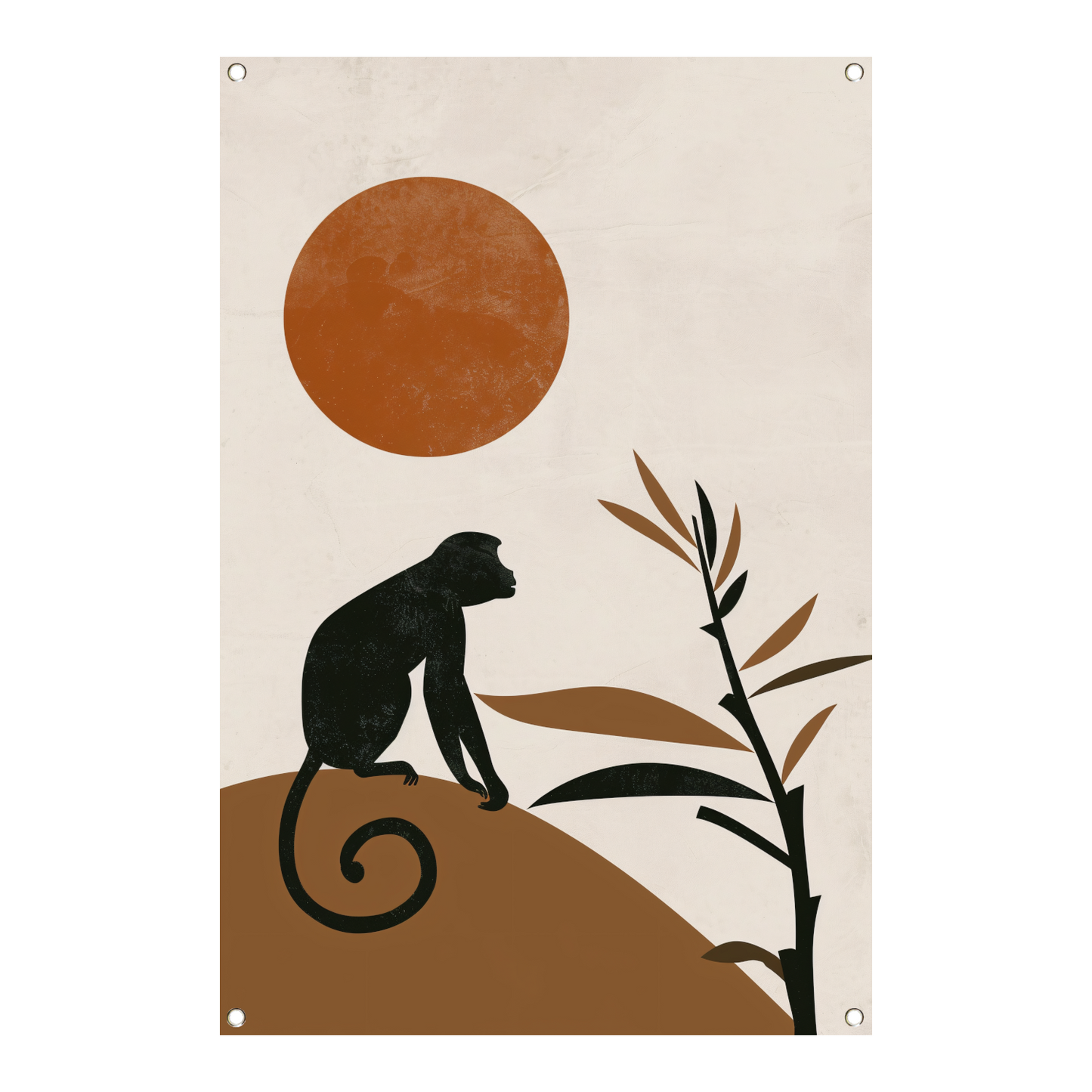 Zwart silhouet van aap tegen grote oranje zon tuinposter