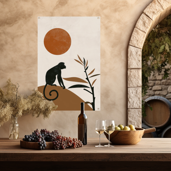 Zwart silhouet van aap tegen grote oranje zon tuinposter