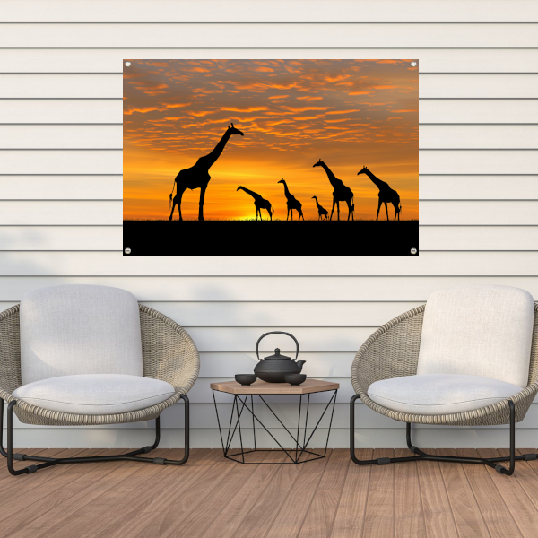 Silhouetgiraffes Zonsondergang Savanne tuinposter