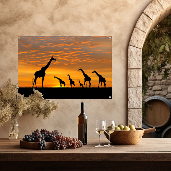 Silhouetgiraffes Zonsondergang Savanne tuinposter