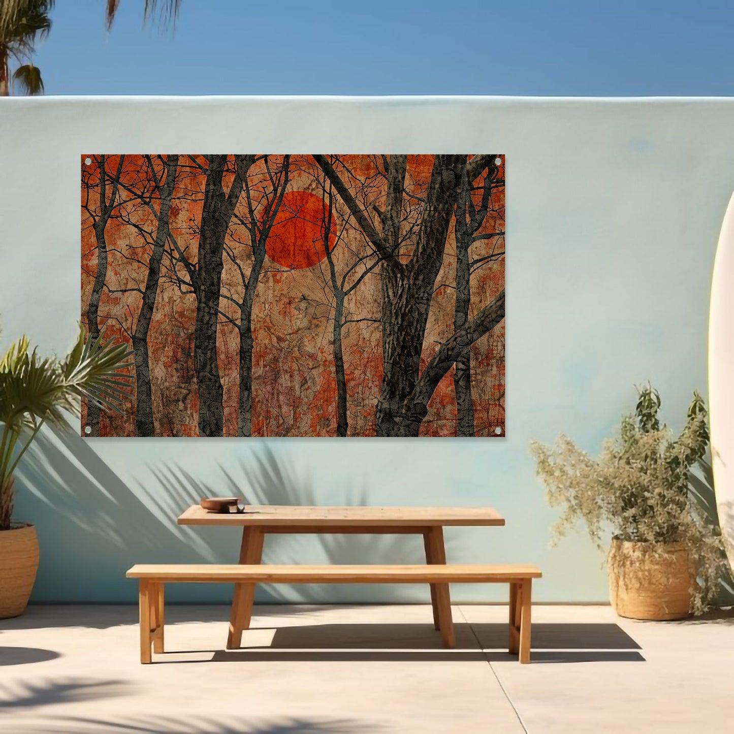 Avondzon door bomen tuinposter