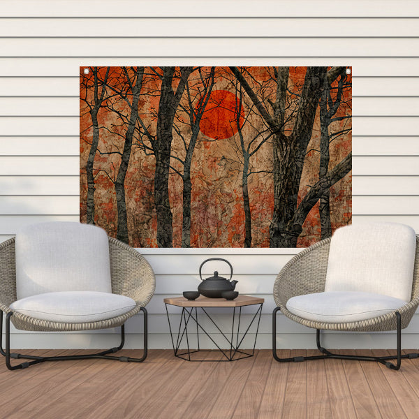 Avondzon door bomen tuinposter
