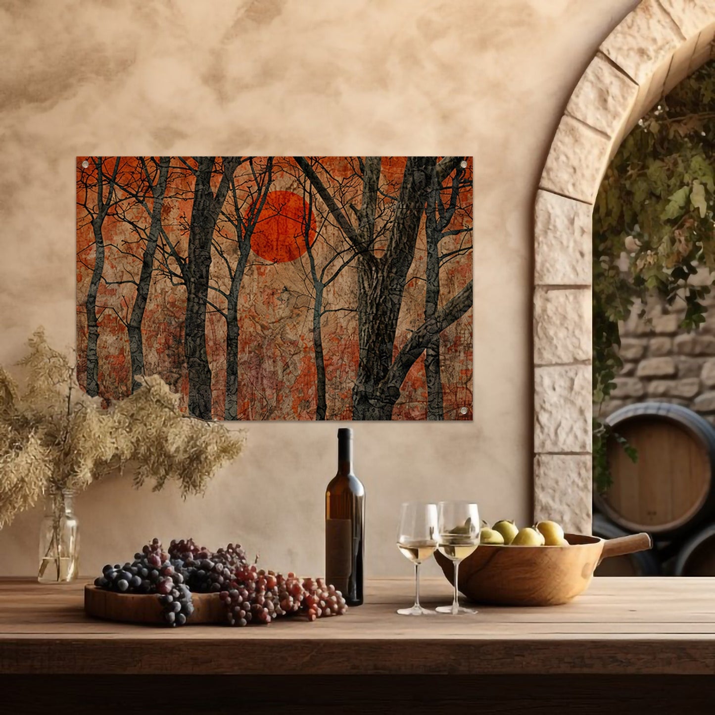 Avondzon door bomen tuinposter