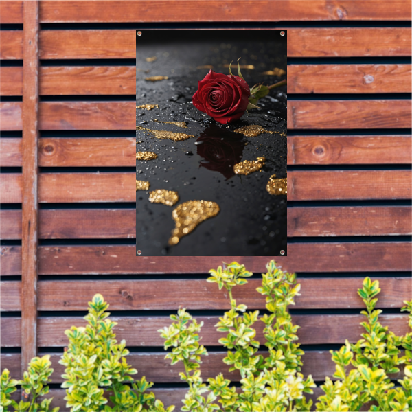 Elegante Rode Roos op Zwart Marmer tuinposter