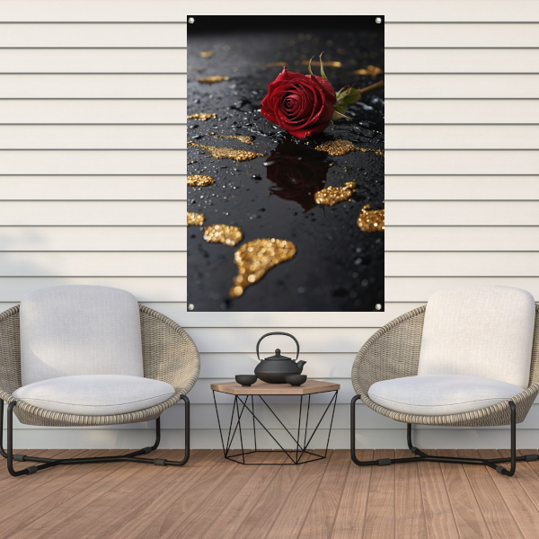 Elegante Rode Roos op Zwart Marmer tuinposter