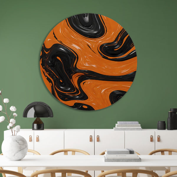 Dynamische Oranje en Zwarte Abstracte Kunst aluminium muurcirkel
