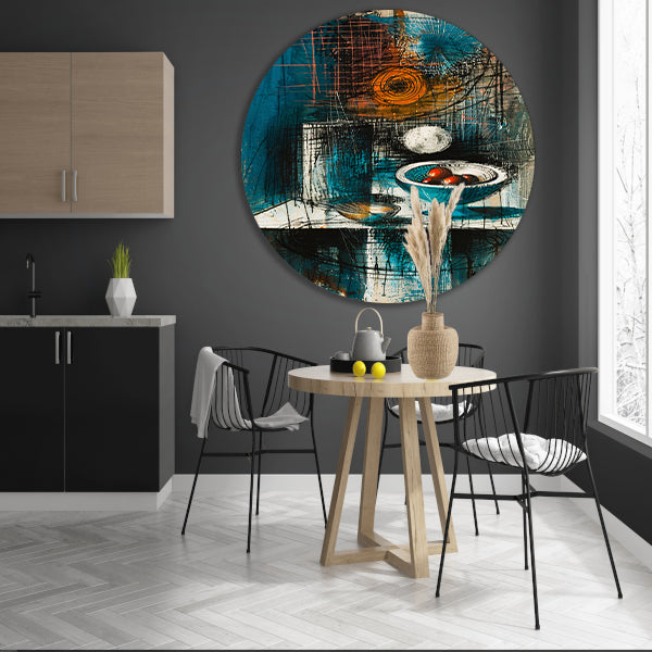 Abstract stilleven met schaal en fruit aluminium muurcirkel