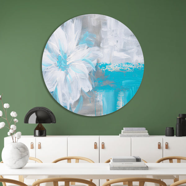 Abstracte blauwe bloem op witte achtergrond aluminium muurcirkel
