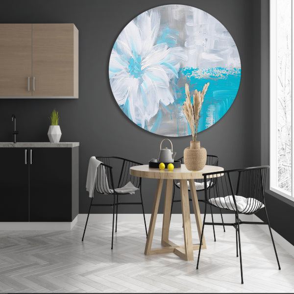 Abstracte blauwe bloem op witte achtergrond aluminium muurcirkel