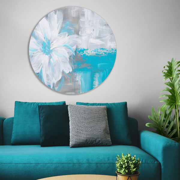 Abstracte blauwe bloem op witte achtergrond aluminium muurcirkel