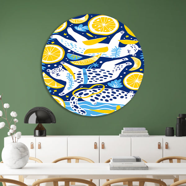 Speelse Tijgers in Citrus Oceaan aluminium muurcirkel