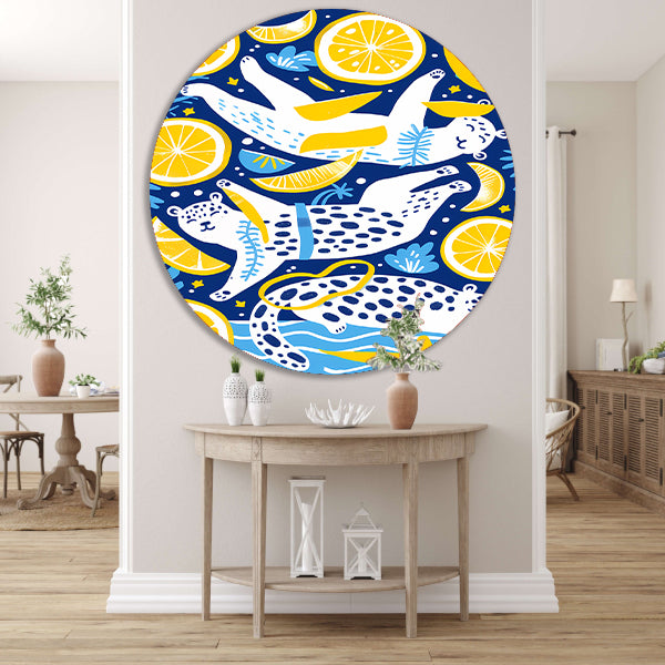 Speelse Tijgers in Citrus Oceaan aluminium muurcirkel