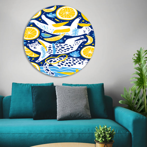 Speelse Tijgers in Citrus Oceaan aluminium muurcirkel