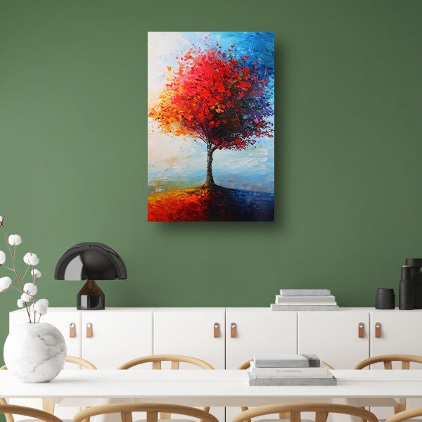 Expressieve kleurrijke boom met rode en oranje tinten canvas
