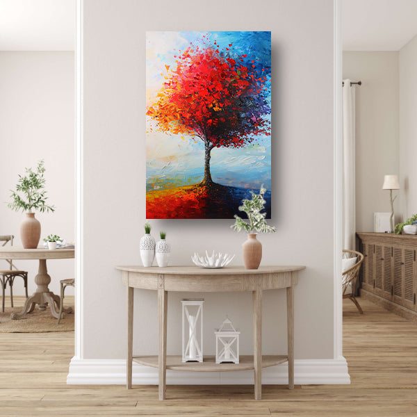 Expressieve kleurrijke boom met rode en oranje tinten canvas